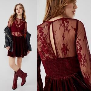 Free People Marlie Lace Velvet Fairy Whimsigoth Mini Dress Wine Grape Sz S NWT